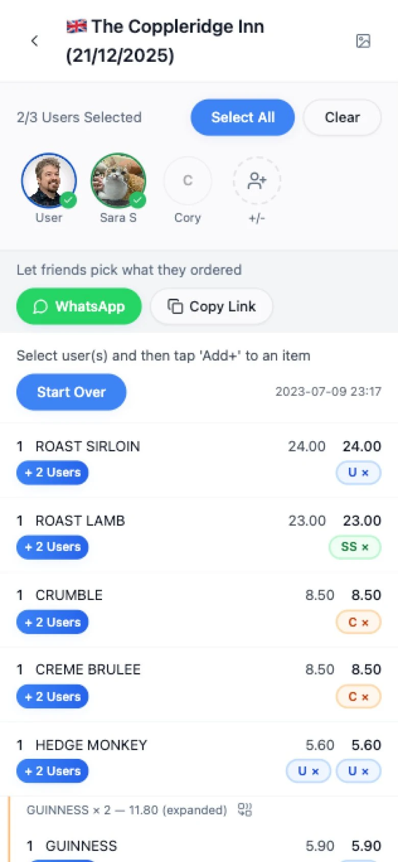 PATE app showing receipt items assigned to each person in a group