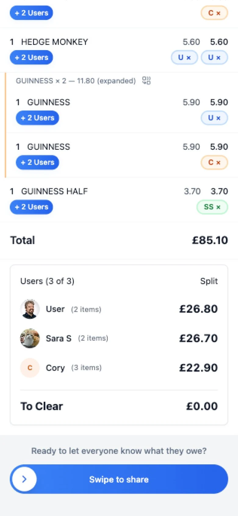 PATE app showing each person's itemised amount to pay