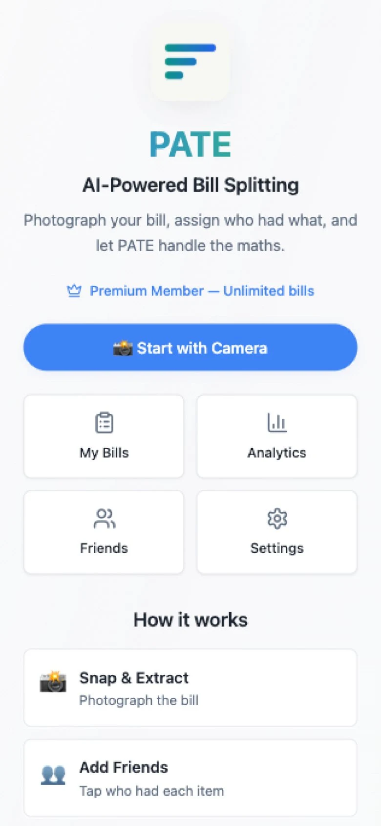 PATE app home screen - start a new bill split