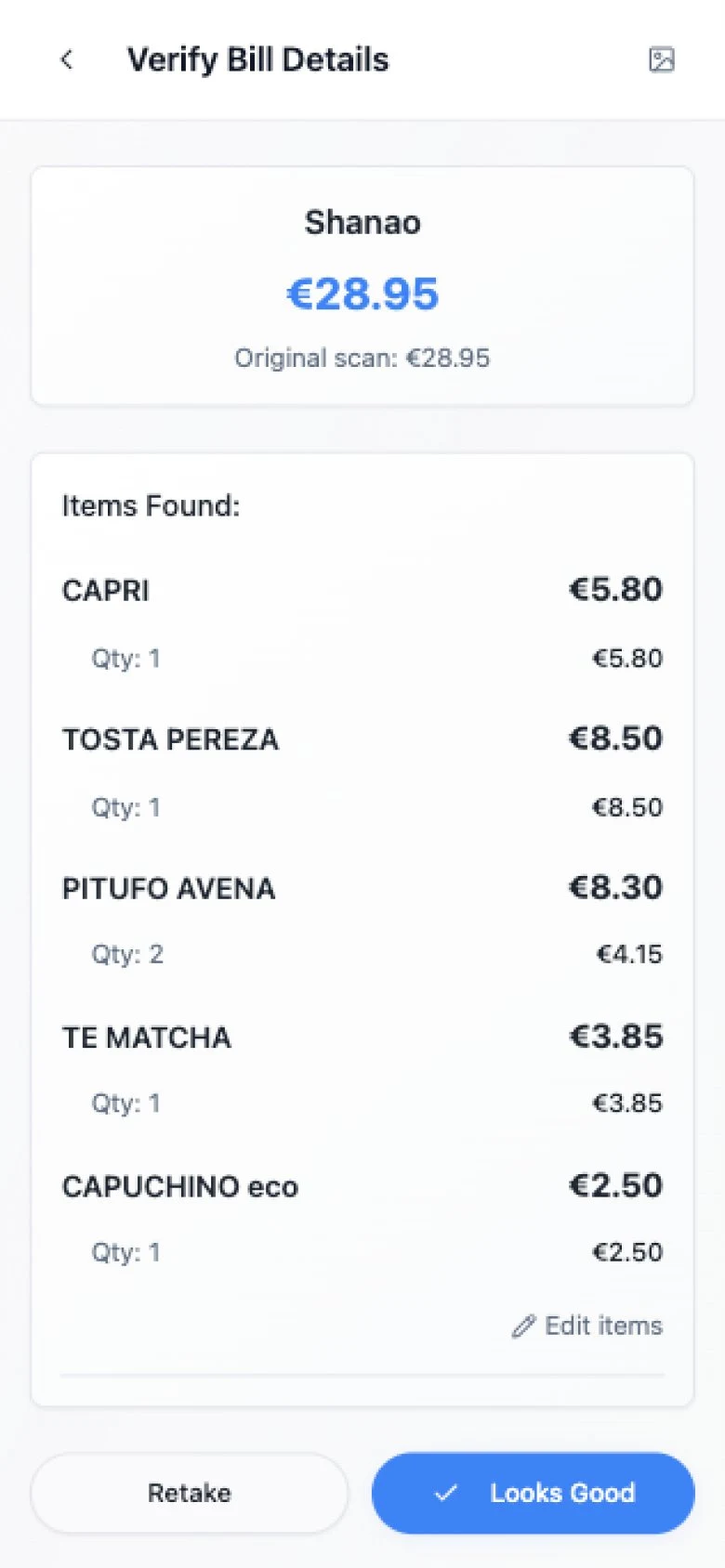 PATE AI receipt reader - review and verify scanned items