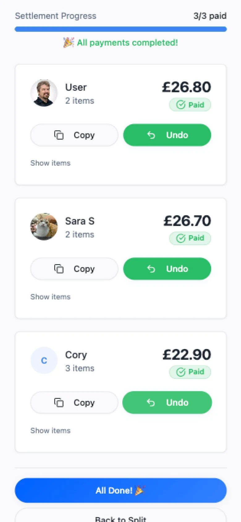 PATE final screen showing each person's exact amount to pay